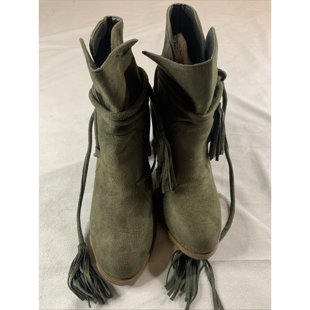 Kimberly Ankle-Wrap Faux Suede Booties – Tasseled Strap, Chunky Heels, Size 12